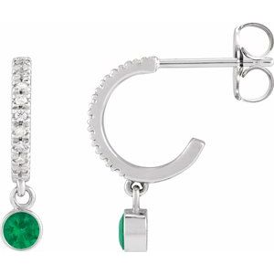 Ladies Natural Emerald Natural Diamond French-Set 16.1 mm Hoop Earrings (I1, G-H) — Sterling Silver