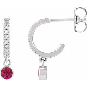 Ladies Natural Ruby Natural Diamond French-Set 16.1 mm Hoop Earrings (Si2-Si3, G-H) — Platinum