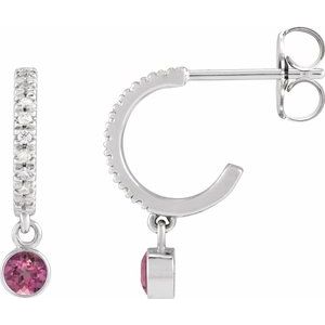 Ladies Natural Pink Tourmaline Natural Diamond French-Set 16.1 mm Hoop Earrings (Si2-Si3, G-H) — Platinum