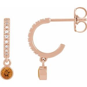 Ladies Natural Citrine Natural Diamond French-Set 16.1 mm Hoop Earrings (I1, G-H) — 14K Rose Gold