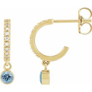 Ladies Natural Blue Zircon Natural Diamond French-Set 16.1 mm Hoop Earrings (I1, G-H) — 14K Yellow Gold