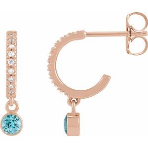 Ladies Natural Blue Zircon Natural Diamond French-Set 16.1 mm Hoop Earrings (I1, G-H) — 14K Rose Gold