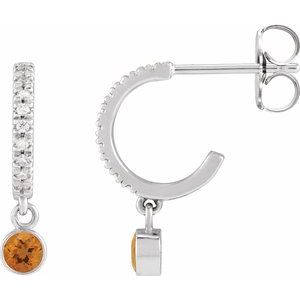 Ladies Natural Citrine Natural Diamond French-Set 16.1 mm Hoop Earrings (I1, G-H) — Sterling Silver