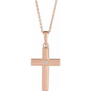 Ladies Natural Diamond Engravable Cross Necklace (I1, G-H) — 14K Rose Gold