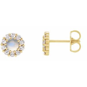 Ladies 3 mm Cabochon Natural Rainbow Moonstone Natural Diamond Halo-Style Earrings — 14K Yellow Gold