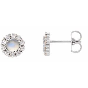 Ladies 3 mm Cabochon Natural Rainbow Moonstone Natural Diamond Halo-Style Earrings — Sterling Silver