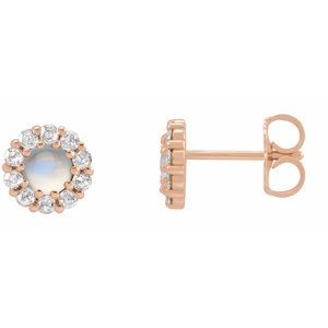 Ladies 3 mm Cabochon Natural Rainbow Moonstone Natural Diamond Halo-Style Earrings — 14K Rose Gold