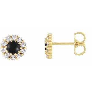 Ladies 3 mm Cabochon Natural Black Onyx Natural Diamond Halo-Style Earrings — 14K Yellow Gold