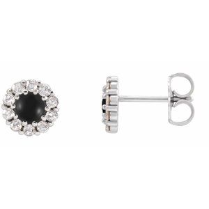 Ladies 3 mm Cabochon Natural Black Onyx Natural Diamond Halo-Style Earrings — Sterling Silver