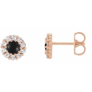 Ladies 3 mm Cabochon Natural Black Onyx Natural Diamond Halo-Style Earrings — 14K Rose Gold
