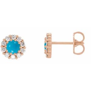 Ladies 3 mm Cabochon Natural Turquoise Natural Diamond Halo-Style Earrings — 14K Rose Gold