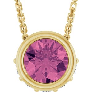 Ladies Natural Pink Tourmaline Natural Diamond Necklace (I1, G-H) — 14K Yellow Gold
