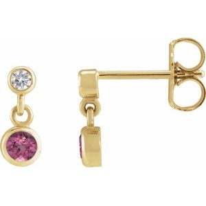 Ladies Natural Pink Tourmaline Natural Diamond Two-Stone Earrings (I1, G-H) — 14K Yellow Gold