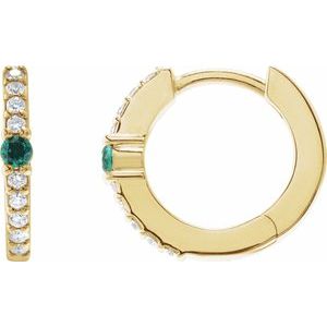 Ladies Natural Emerald Natural Diamond 13.6 mm Hoop Earring (I1, G-H) — 14K Yellow Gold