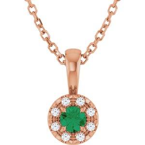 Ladies 4 mm Natural Emerald Natural Diamond Necklace (I1, G-H) — 14K Rose Gold