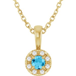 Ladies 3 mm Natural Aquamarine Natural Diamond Necklace (I1, G-H) — 14K Yellow Gold