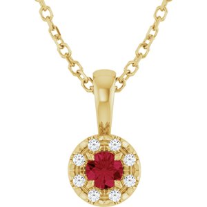 Ladies 3 mm Natural Ruby Natural Diamond Necklace (I1, G-H) — 14K Yellow Gold