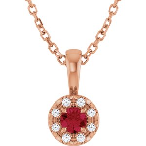 Ladies 3 mm Natural Ruby Natural Diamond Necklace (I1, G-H) — 14K Rose Gold