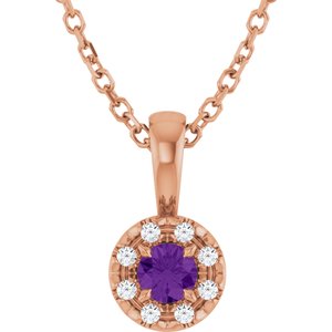 Ladies 4 mm Natural Amethyst Natural Diamond Necklace (I1, G-H) — 14K Rose Gold