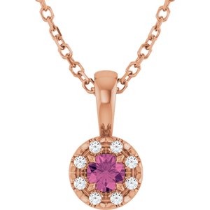 Ladies 3 mm Natural Pink Tourmaline Natural Diamond Necklace (I1, G-H) — 14K Rose Gold