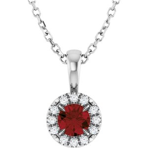 Ladies 4 mm Natural Mozambique Garnet Natural Diamond Necklace (I1, G-H) — 14K White Gold