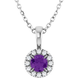 Ladies 4 mm Natural Amethyst Natural Diamond Necklace (I1, G-H) — 14K White Gold
