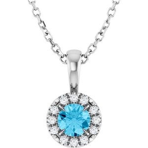 Ladies 3 mm Natural Aquamarine Natural Diamond Necklace (I1, G-H) — 14K White Gold