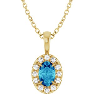 Ladies 6x4 mm Natural Blue Zircon Natural Diamond Necklace (I1, G-H) — 14K Yellow Gold