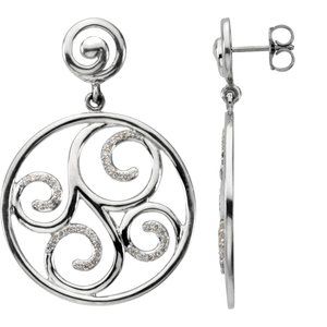 Ladies Natural Diamond Scroll Earrings — Sterling Silver & 14K White Gold