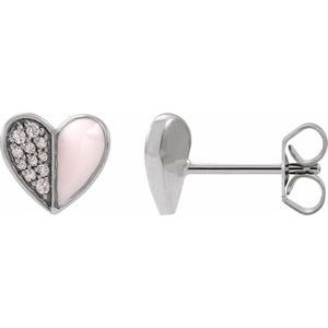 Ladies 1/10 Natural Diamond Pink Enamel Heart Earrings — 14K White Gold
