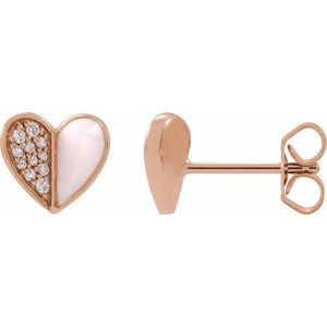 Ladies 1/10 Natural Diamond Pink Enamel Heart Earrings — 14K Rose Gold