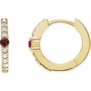 Ladies Natural Mozambique Garnet Natural Diamond 13.6 mm Hoop Earring (I1, G-H) — 14K Yellow Gold