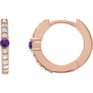 Ladies Natural Amethyst Natural Diamond 13.6 mm Hoop Earring (I1, G-H) — 14K Rose Gold