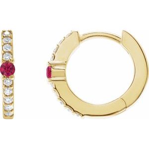 Ladies Natural Ruby Natural Diamond 13.6 mm Hoop Earring (I1, G-H) — 14K Yellow Gold