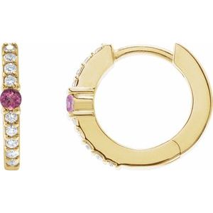 Ladies Natural Pink Tourmaline Natural Diamond 13.6 mm Hoop Earring (I1, G-H) — 14K Yellow Gold