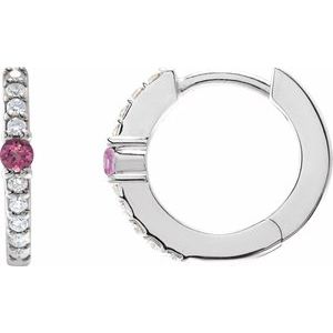 Ladies Natural Pink Tourmaline Natural Diamond 13.6 mm Hoop Earring (I1, G-H) — Sterling Silver