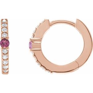 Ladies Natural Pink Tourmaline Natural Diamond 13.6 mm Hoop Earring (I1, G-H) — 14K Rose Gold