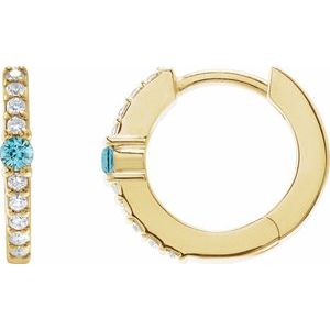 Ladies Natural Blue Zircon Natural Diamond 13.6 mm Hoop Earring (I1, G-H) — 14K Yellow Gold