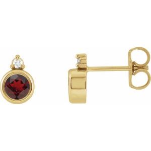 Ladies 4 mm Natural Mozambique Garnet Natural Diamond Earrings — 14K Yellow Gold