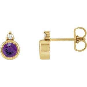 Ladies 4 mm Natural Amethyst Natural Diamond Earrings — 14K Yellow Gold