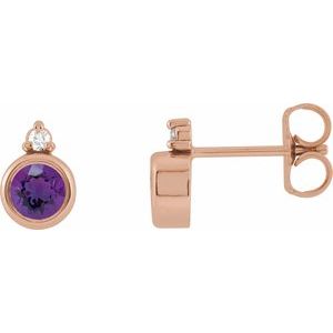 Ladies 4 mm Natural Amethyst Natural Diamond Earrings — 14K Rose Gold