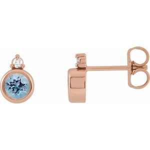 Ladies 4 mm Natural Aquamarine Natural Diamond Earrings — 14K Rose Gold