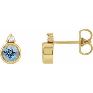 Ladies 4 mm Natural Aquamarine Natural Diamond Earrings — 14K Yellow Gold