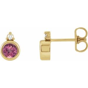 Ladies 4 mm Natural Pink Tourmaline Natural Diamond Earrings — 14K Yellow Gold