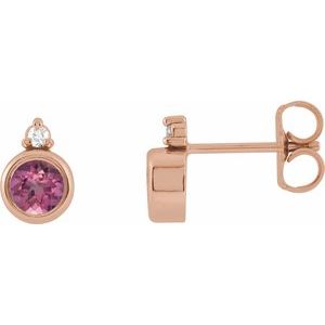 Ladies 4 mm Natural Pink Tourmaline Natural Diamond Earrings — 14K Rose Gold