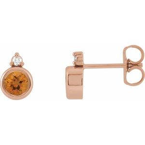 Ladies 4 mm Natural Citrine Natural Diamond Earrings — 14K Rose Gold