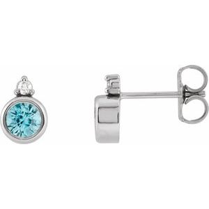 Ladies 4 mm Natural Blue Zircon Natural Diamond Earrings — Sterling Silver