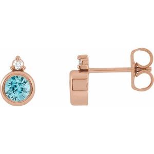Ladies 4 mm Natural Blue Zircon Natural Diamond Earrings — 14K Rose Gold