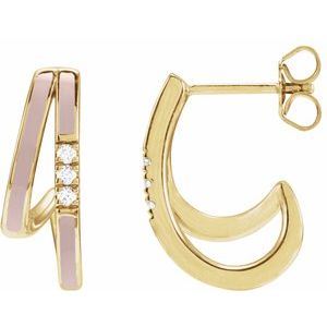 Ladies Natural Diamond Pink Enamel 17.3 mm Hoop Earrings (I1, G-H) — 14K Yellow Gold