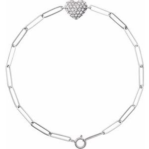 Ladies Natural Diamond Heart Paperclip-Style Bracelet (I1, G-H) — 14K White Gold
